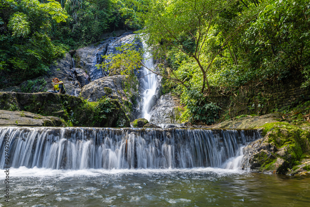 Obraz premium Waterfall in deep tropical rainforest with green rainy tree