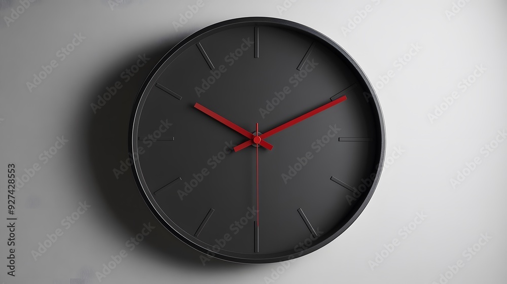 Minimalist wall clock, white wall background, no numbers, clean design, black frame, red second hand, monochromatic color scheme, modern interior, simplistic aesthetic.