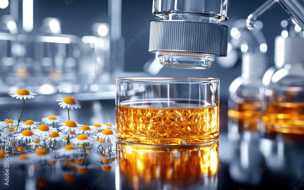 A close-up view of a laboratory experiment with liquid in a glass, flowers nearby, and advanced scientific equipment. A close-up view of a laboratory experiment with liquid in a glass, flowers nearby, and advanced scientific equipment.
