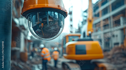 A close-up of a surveillance camera on a construction site, showcasing safety measures in a busy urban environment.