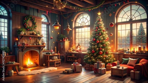 Santa Claus home and workshop, Christmas interior background