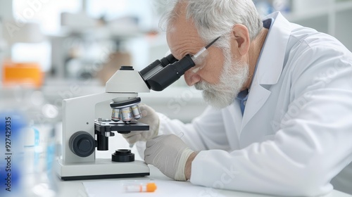 senior lab technician man analyzing saliva samples in a clinical laboratory using a microscope, medical research, precision work