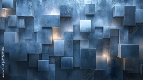 Modernist wall sculpture, textured metal surface, abstract geometric shapes, cool blue tones, minimalist gallery space, indirect lighting, contemporary art installation, sleek design.