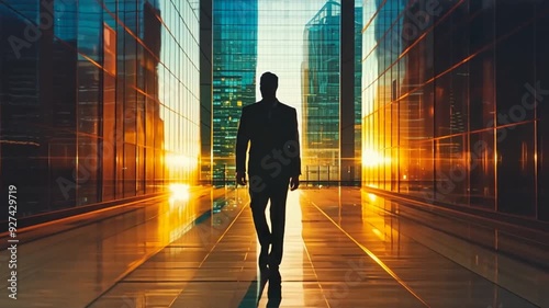 Silhouette of business man in suit walking through financial district with skyscraper buildings, motion video
