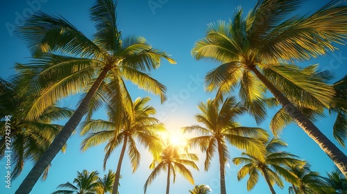 Palm tree avenue under clear blue sky, vibrant green palm fronds, tropical paradise, sun flare through leaves, cloudless azure sky, summer vacation atmosphere, lush oasis, exotic landscape.