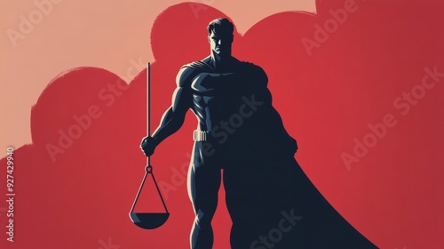 A superhero stands holding the scales of justice. photo