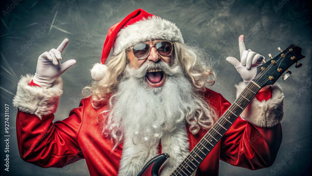 Santa Claus and rock-n-roll on blurred background. Santa playing on guitar on the stage