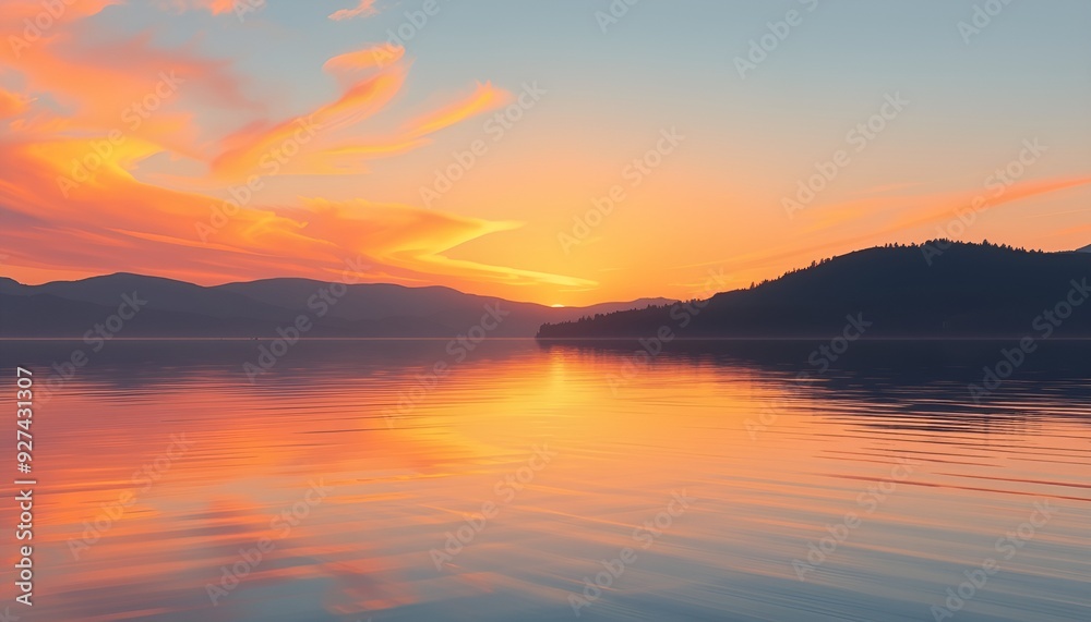 Obraz premium Isolated Impressionistic Landscape of a Vibrant Sunset Over a Calm Lake
