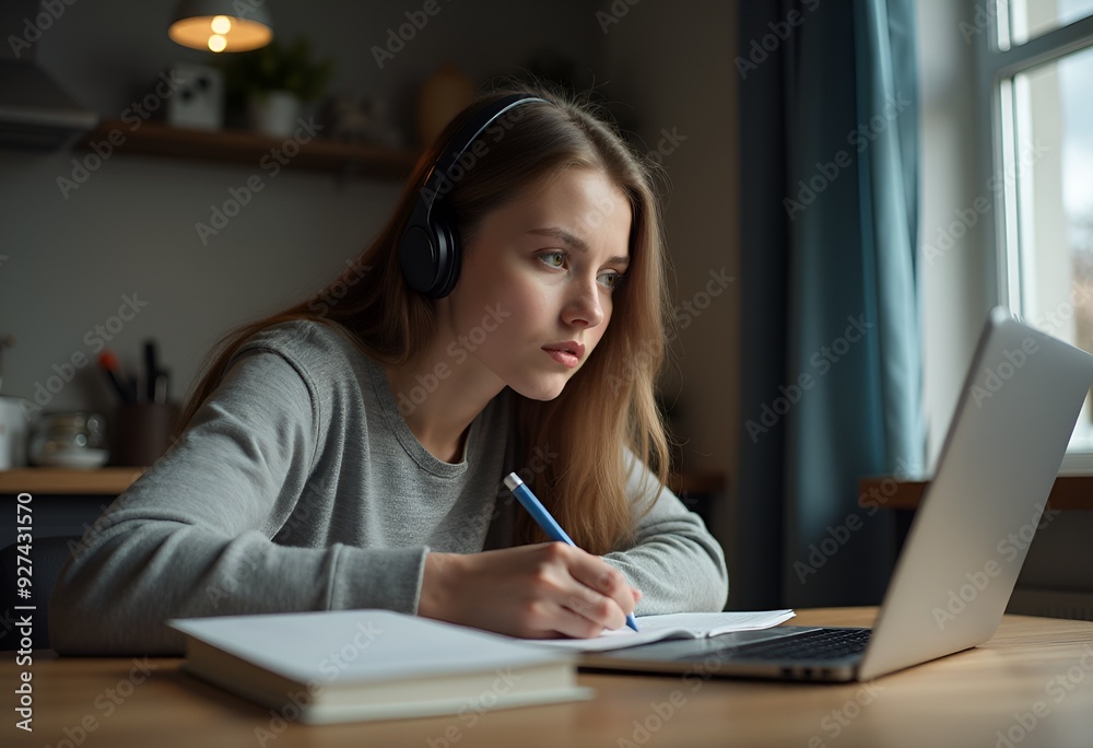 Focused Female Student at a Kitchen Table with Laptop and Headset on Transparent Background Focused Female Student at a Kitchen Table with Laptop and Headset on Transparent Background