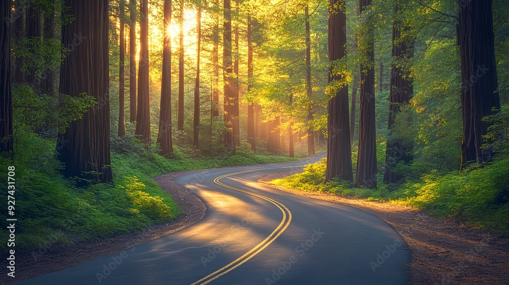 Fototapeta premium Redwood forest, winding road, sunlit forest, towering trees, lush green foliage, dappled sunlight, vibrant colors, golden hour, atmospheric lighting, curved highway, majestic nature.