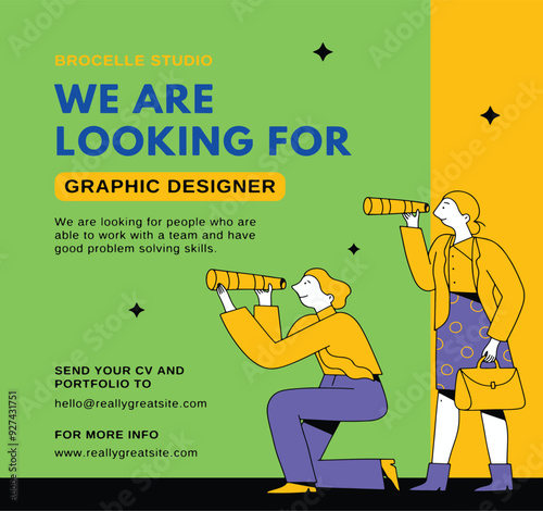 We are hiring graphic designer, creative people, artist. Illustration of woman designer