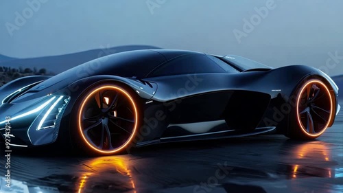 Futuristic Black Sports Car: Sleek and futuristic, a sleek black sports car with glowing orange rim lights stands majestically on a pristine surface, bathed in the soft glow of twilight. The car embod photo