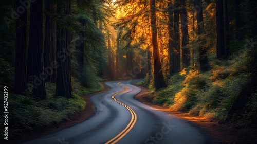 Redwood forest, winding road, sunlit forest, towering trees, lush green foliage, dappled sunlight, vibrant colors, golden hour, atmospheric lighting, curved highway, majestic nature.