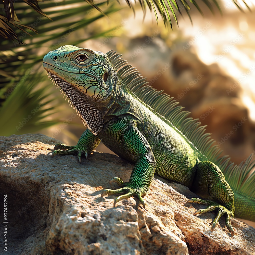 Obraz premium Majestic Green Iguana in Its Natural Habitat Capture a striking birds-eye view of an emerald-green iguana basking on a rocky outcrop under a tropical sun using realistic digital techniques