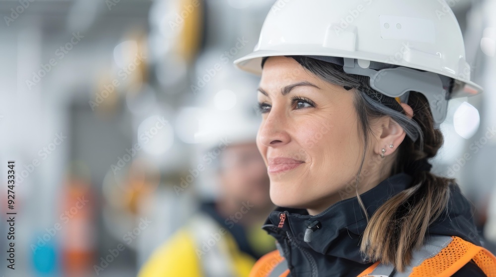 caucasian female engineer with safety jacket and hat, side view portrait, professional appearance, engineering expertise, copy space caucasian female engineer with safety jacket and hat, side view portrait, professional appearance, engineering expertise, copy space