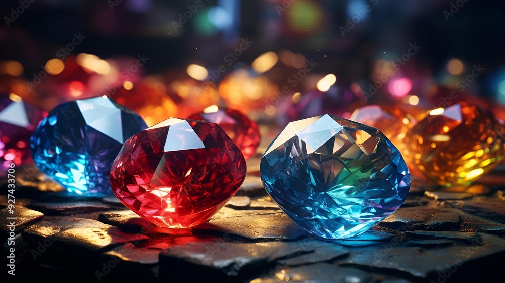 A collection of vibrant gems displayed on a dark surface. A collection of vibrant gems displayed on a dark surface.