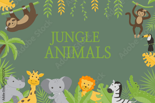 Children's horizontal background with images of wild jungle animals.
