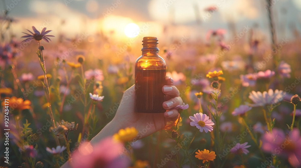 Hand holding a brown glass bottle in a sunlit field of wildflowers during sunset, creating a serene and natural atmosphere Hand holding a brown glass bottle in a sunlit field of wildflowers during sunset, creating a serene and natural atmosphere