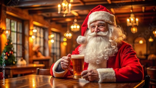 Smiling Santa with glass of beer in the pub