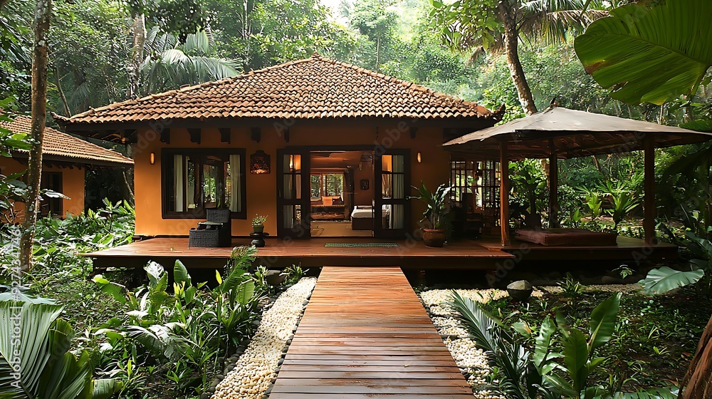 A serene yoga retreat nestled in a tropical paradise, surrounded by lush greenery and the soothing sounds of nature A serene yoga retreat nestled in a tropical paradise, surrounded by lush greenery and the soothing sounds of nature