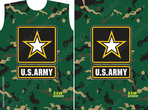 Vector illustration of a U.S. Army-themed shirt featuring a camouflage pattern in green and earth tones. The design prominently displays the U.S. Army logo, including a star emblem.