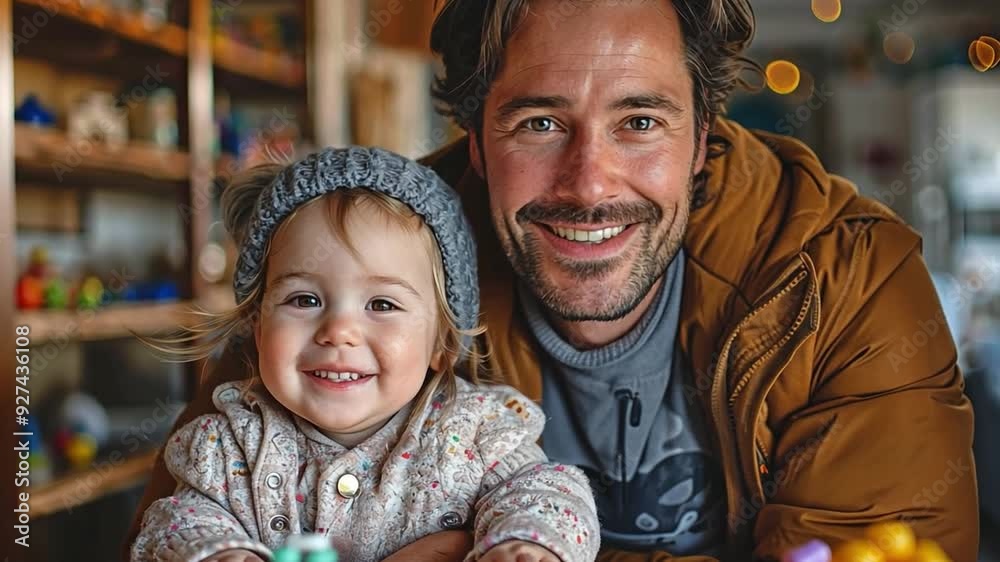 Caucasian attractive father spending vacations at home with his adorable little daughter, tending to her needs and providing her with bread and biscuits. Caucasian attractive father spending vacations at home with his adorable little daughter, tending to her needs and providing her with bread and biscuits.
