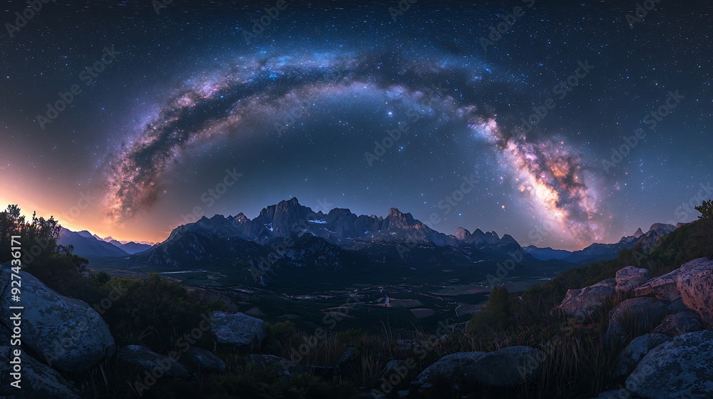 A stunning starry night sky arching over a majestic mountain landscape, with the Milky Way visible in all its glory A stunning starry night sky arching over a majestic mountain landscape, with the Milky Way visible in all its glory