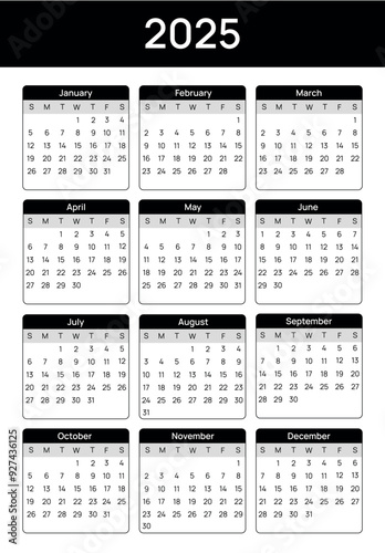 Annual calendar template for 2025 year. Week Starts on Sunday. Business calendar in a minimalist style for 2025 year.