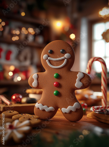 Gingerbread man, studio portrait, big smile, candy button eyes, cozy kitchen, freshly baked cookies, candy canes, holiday decorations