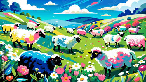 Vibrant, Colorful Illustration of Sheep Grazing in Spring Meadow
