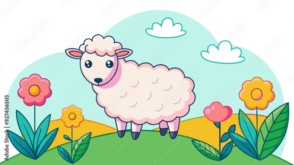 Obraz premium Colorful Cartoon Sheep in Spring Meadow Illustration