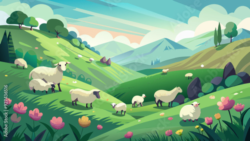 Serene Pastoral Landscape with Grazing Sheep and Lush Greenery