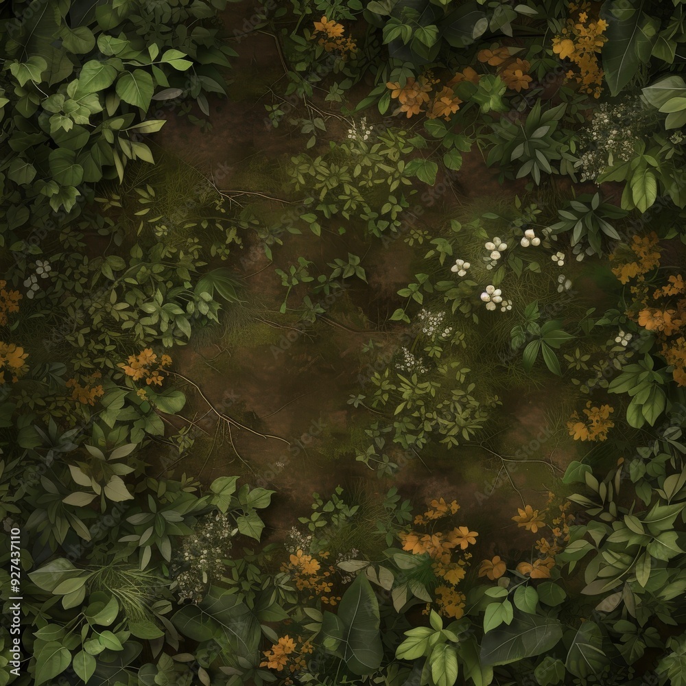 A lush green forest floor with intricate patterns of leaves, twigs and mossy textures, decorated with small yellow and white wildflowers. A lush green forest floor with intricate patterns of leaves, twigs and mossy textures, decorated with small yellow and white wildflowers.