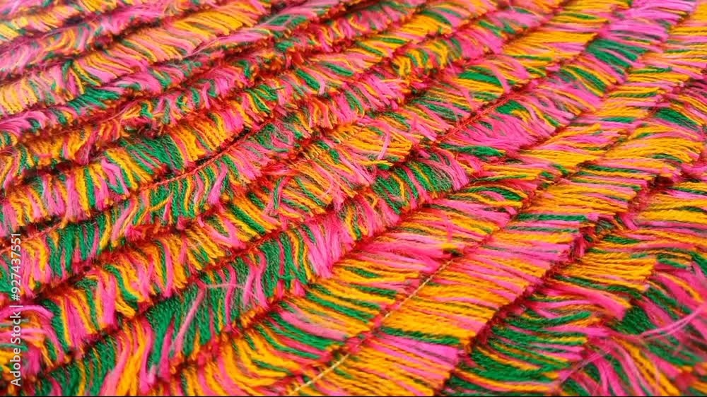 Multicolored thread strands rotating texture background, side view of downward inclined yarn, loom background, cotton threads for embroidery Multicolored thread strands rotating texture background, side view of downward inclined yarn, loom background, cotton threads for embroidery