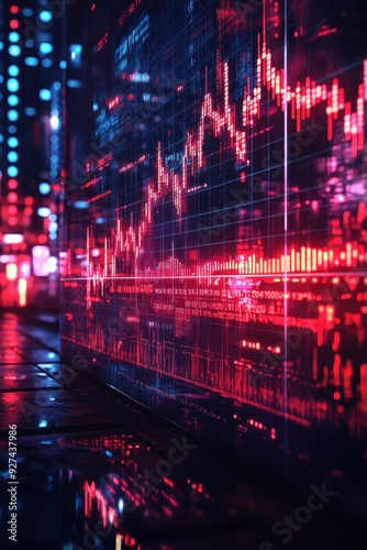 Futuristic Financial Data Visualization with Red and Blue Neon Lights in a Modern Urban Setting