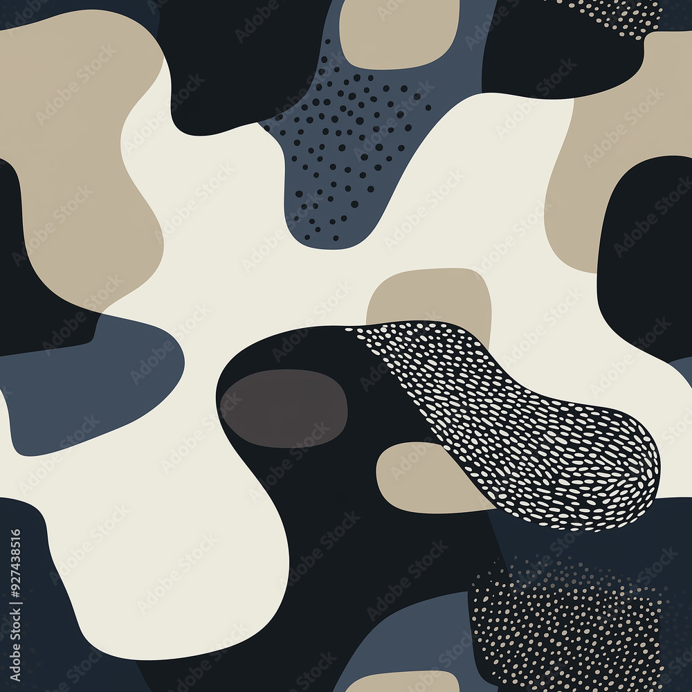 Abstract camouflage pattern in neutral shades of black, beige, and gray, creating a modern and trendy seamless tile design. Abstract camouflage pattern in neutral shades of black, beige, and gray, creating a modern and trendy seamless tile design.