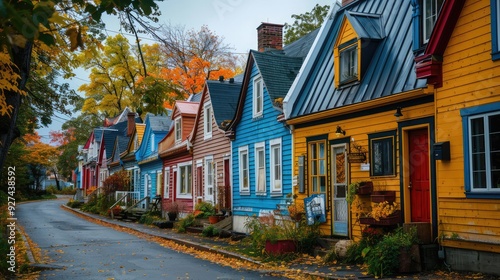 Colorful Houses on a Tree-Lined Street
