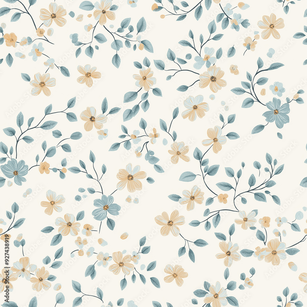 Elegant seamless pattern with light blue and beige flowers and green leaves on a cream background. Subtle, refined design with soft colors and delicate botanical details. Elegant seamless pattern with light blue and beige flowers and green leaves on a cream background. Subtle, refined design with soft colors and delicate botanical details.