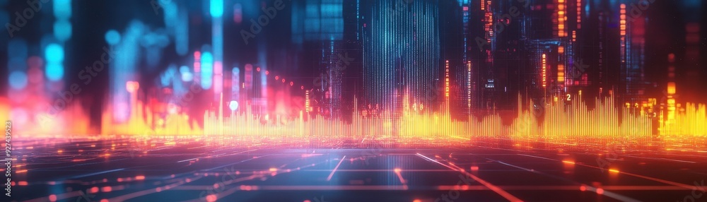 Futuristic Digital Cityscape with Neon Lights and Data Streams in a High-Tech Urban Environment Futuristic Digital Cityscape with Neon Lights and Data Streams in a High-Tech Urban Environment