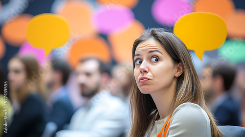 woman at a business conference, sitting in the audience, her face showing clear frustration and confusion as speech bubbles filled with complex jargon float around her head