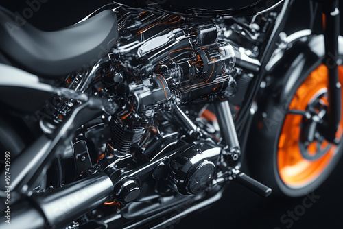 Wallpaper Mural A detailed close-up of a motorcycle engine with shiny chrome and striking orange accents highlighting the engineering and design Torontodigital.ca