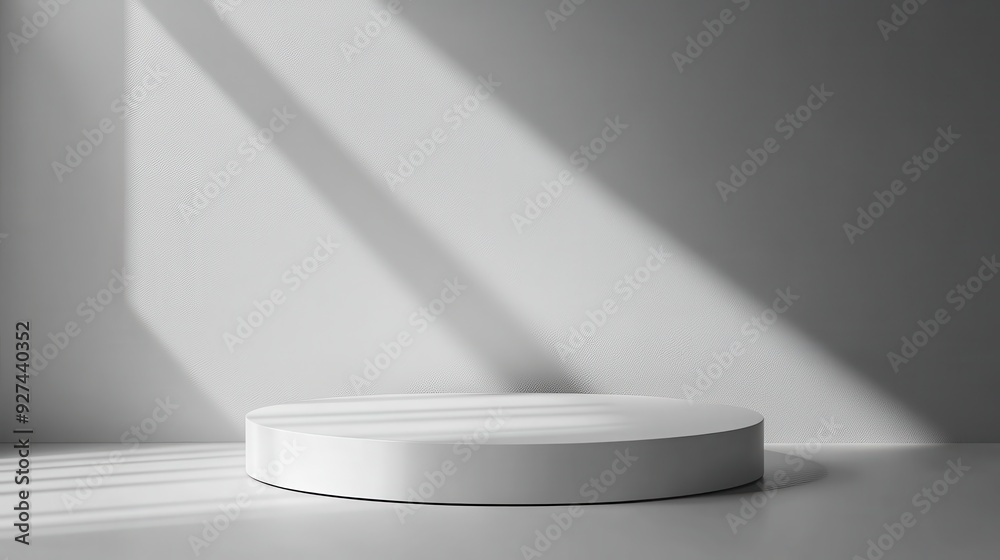 Minimalist White Circular Pedestal in Sunlit Room with Shadows and Soft Lighting Minimalist White Circular Pedestal in Sunlit Room with Shadows and Soft Lighting