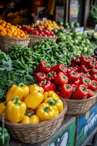 vegetable market scene, A colorful vegetable market scene on a farmers' market day. Bright bell peppers, leafy greens, and baskets of fresh fruits fill the stalls, as local