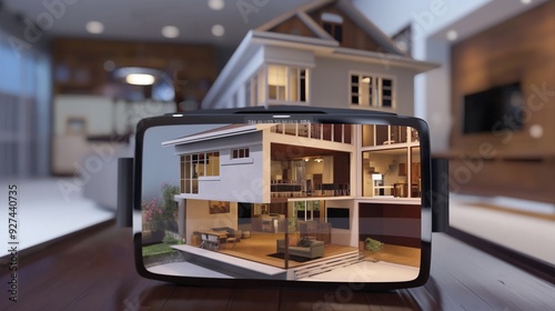 A virtual real estate tour, with a VR headset showing prospective buyers a walkthrough of a house, featuring detailed interiors and layouts.