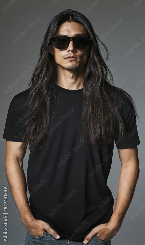 Asian male model wearing blank empty black tshirt for mockup Asian male model wearing blank empty black tshirt for mockup