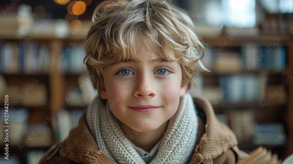 Young boy blogger reviewing a book, smiling, bookshelf background Young boy blogger reviewing a book, smiling, bookshelf background