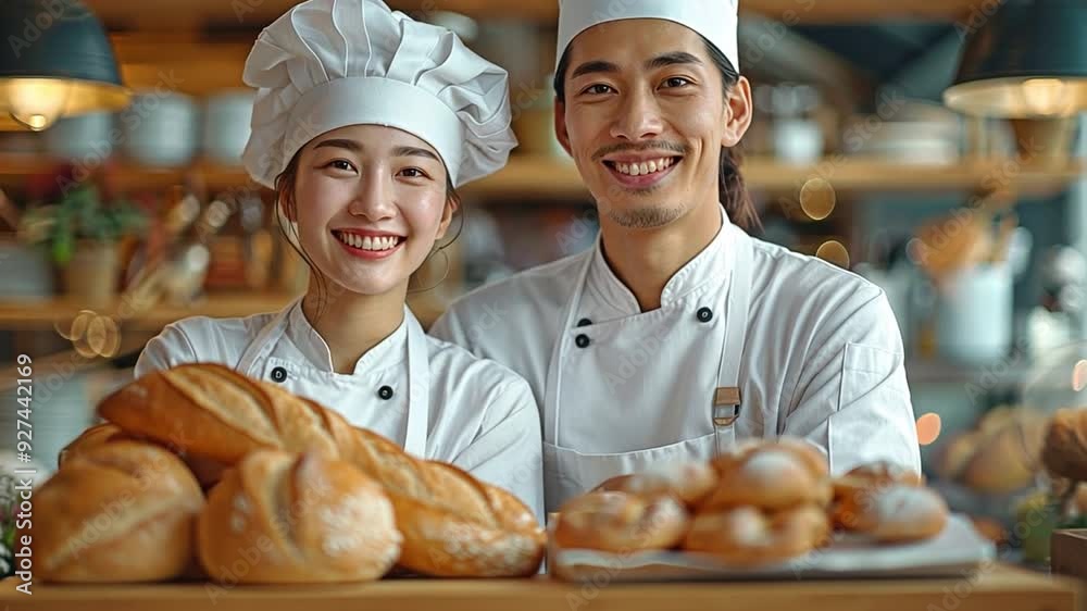 A happy couple of Asian professional cooks are preparing breakfast in the kitchen while sporting a white uniform, cap, and baguette. 
