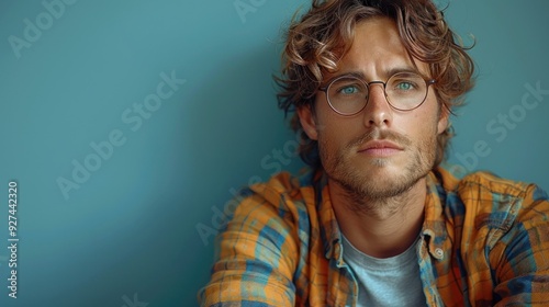 Young man expressing disgust standing against a solid studio background photo