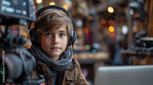 Young boy blogger sitting at a desk with a laptop, filming a vlog with enthusiasm photo