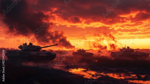 In the war scene a tank rolling through a battlefield with dust clouds